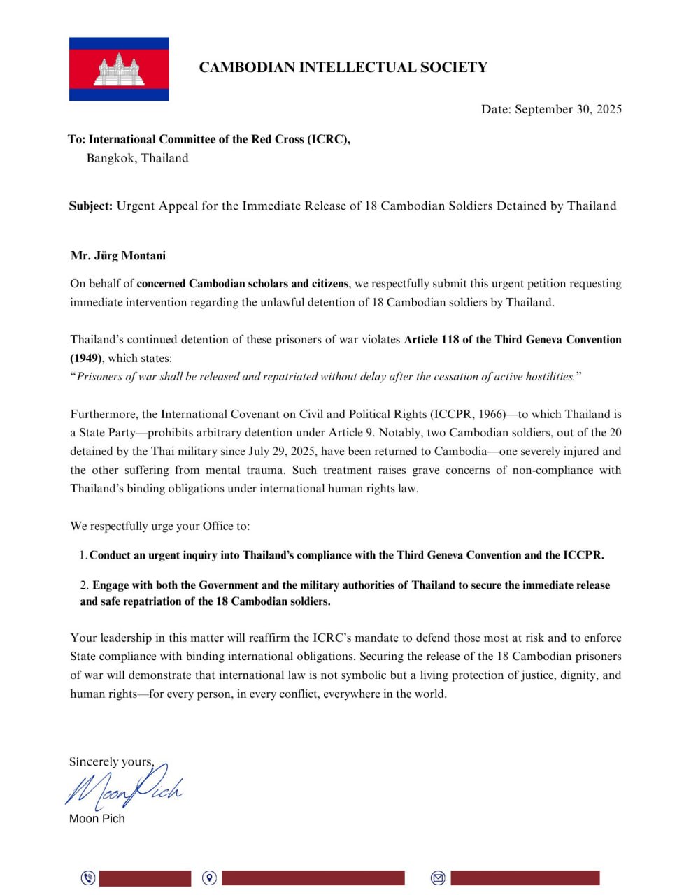 លោក មូន ពេជ្រ៖ ICRC កំពុងធ្វើការយ៉ាងសកម្មដើម្បីអន្តរាគមន៍ដោះលែងវីរកងទ័ពកម្ពុជា១៨ នាក់