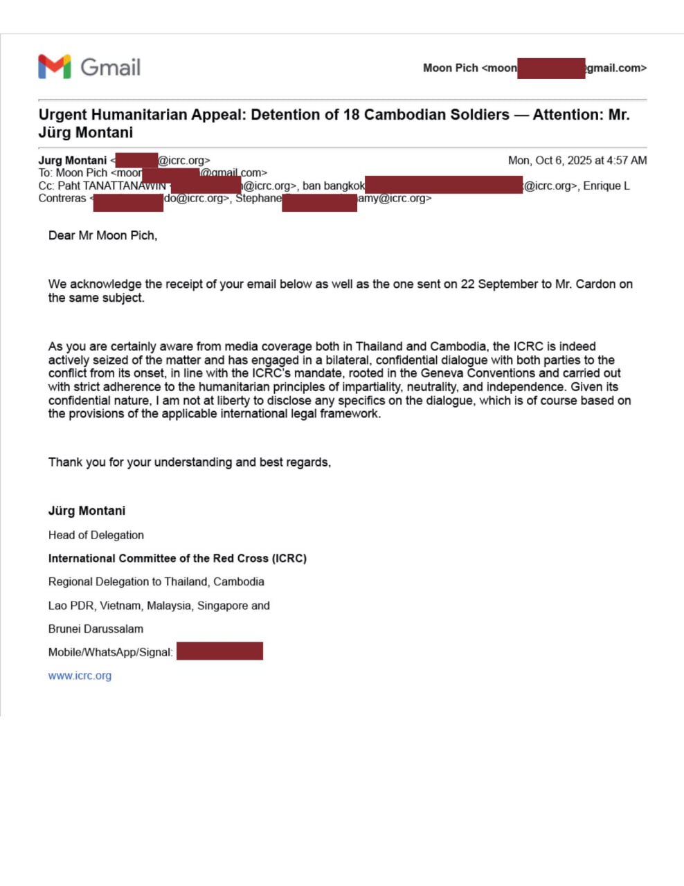 លោក មូន ពេជ្រ៖ ICRC កំពុងធ្វើការយ៉ាងសកម្មដើម្បីអន្តរាគមន៍ដោះលែងវីរកងទ័ពកម្ពុជា១៨ នាក់