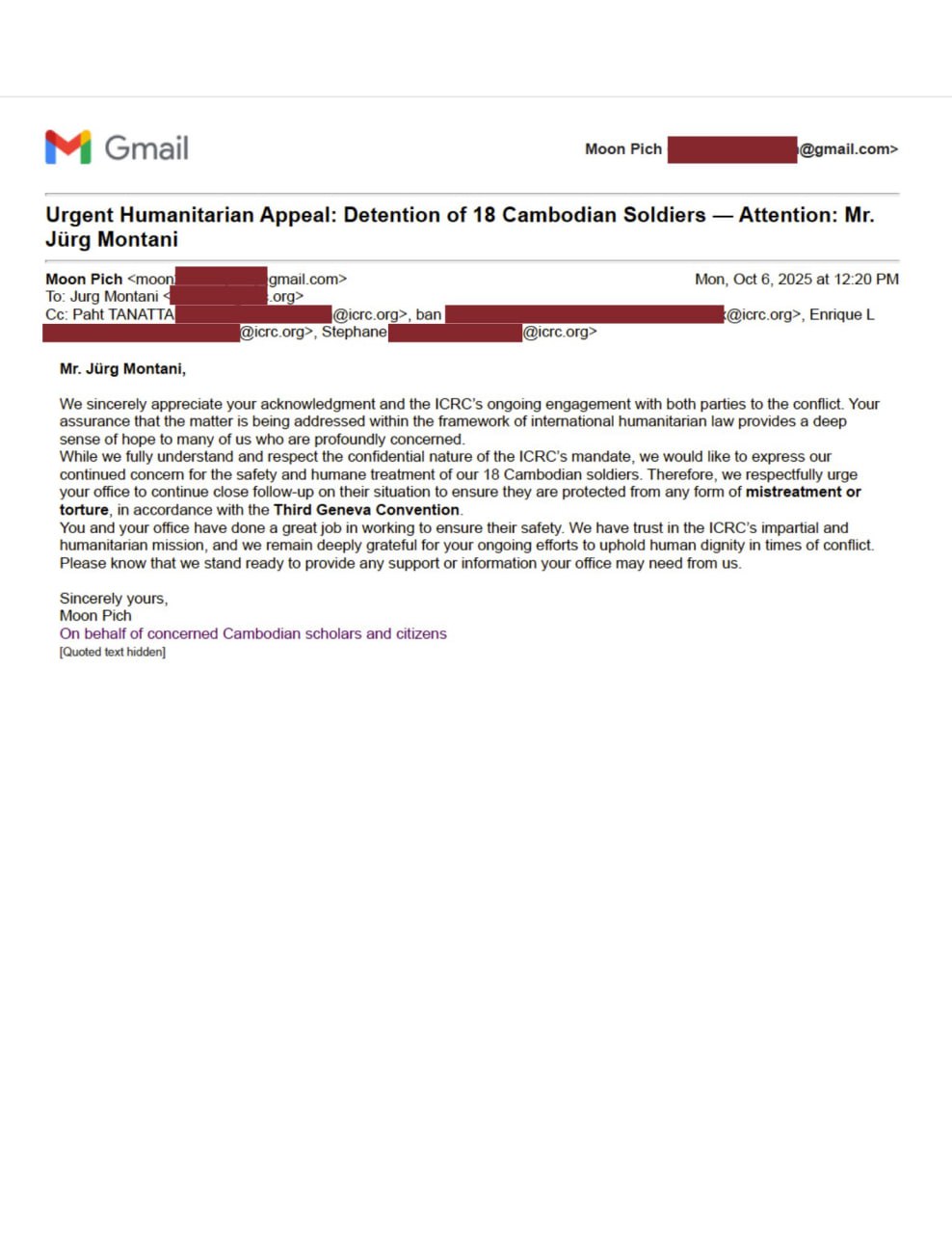 លោក មូន ពេជ្រ៖ ICRC កំពុងធ្វើការយ៉ាងសកម្មដើម្បីអន្តរាគមន៍ដោះលែងវីរកងទ័ពកម្ពុជា១៨ នាក់