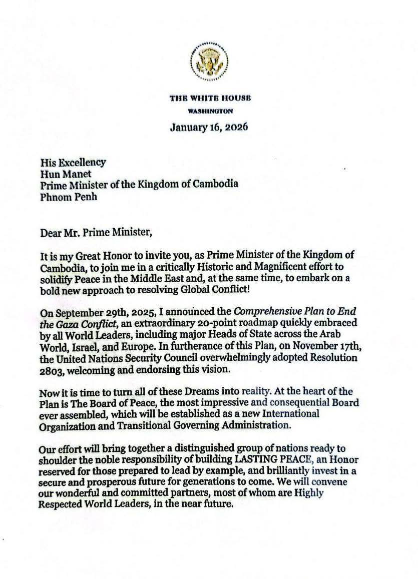 លោក​ត្រាំ​ អញ្ជើញកម្ពុជាចូលរួមជារដ្ឋសមាជិកស្ថាបនិក នៃក្រុមប្រឹក្សាសន្តិភាព