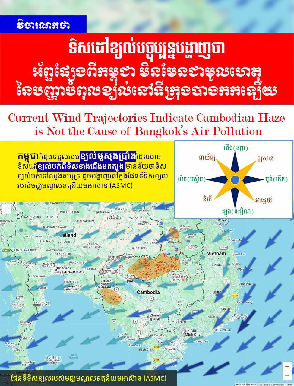 ទិសដៅខ្យល់បច្ចុប្បន្នបង្ហាញថា អ័ព្ទផ្សែងពីកម្ពុជា មិនមែនជាមូលហេតុនៃបញ្ហាបំពុលខ្យល់នៅទីក្រុងបាងកកឡើយ