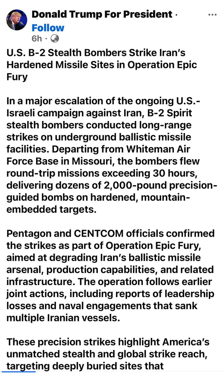 យន្តហោះទម្លាក់គ្រាប់បែក B-2 Spirit របស់អាមេរិក វាយប្រហារលើទីតាំងមីស៊ីលរបស់អ៊ីរ៉ង់