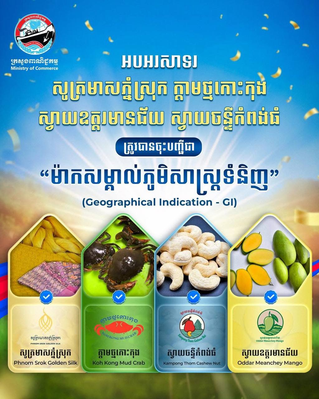 កម្ពុជាគ្រោងចុះបញ្ជីម៉ាកសម្គាល់ភូមិសាស្ត្រទំនិញ (GI) ជាផ្លូវការលើផលិតផលសក្តានុពល ៤ មុខបន្ថែម