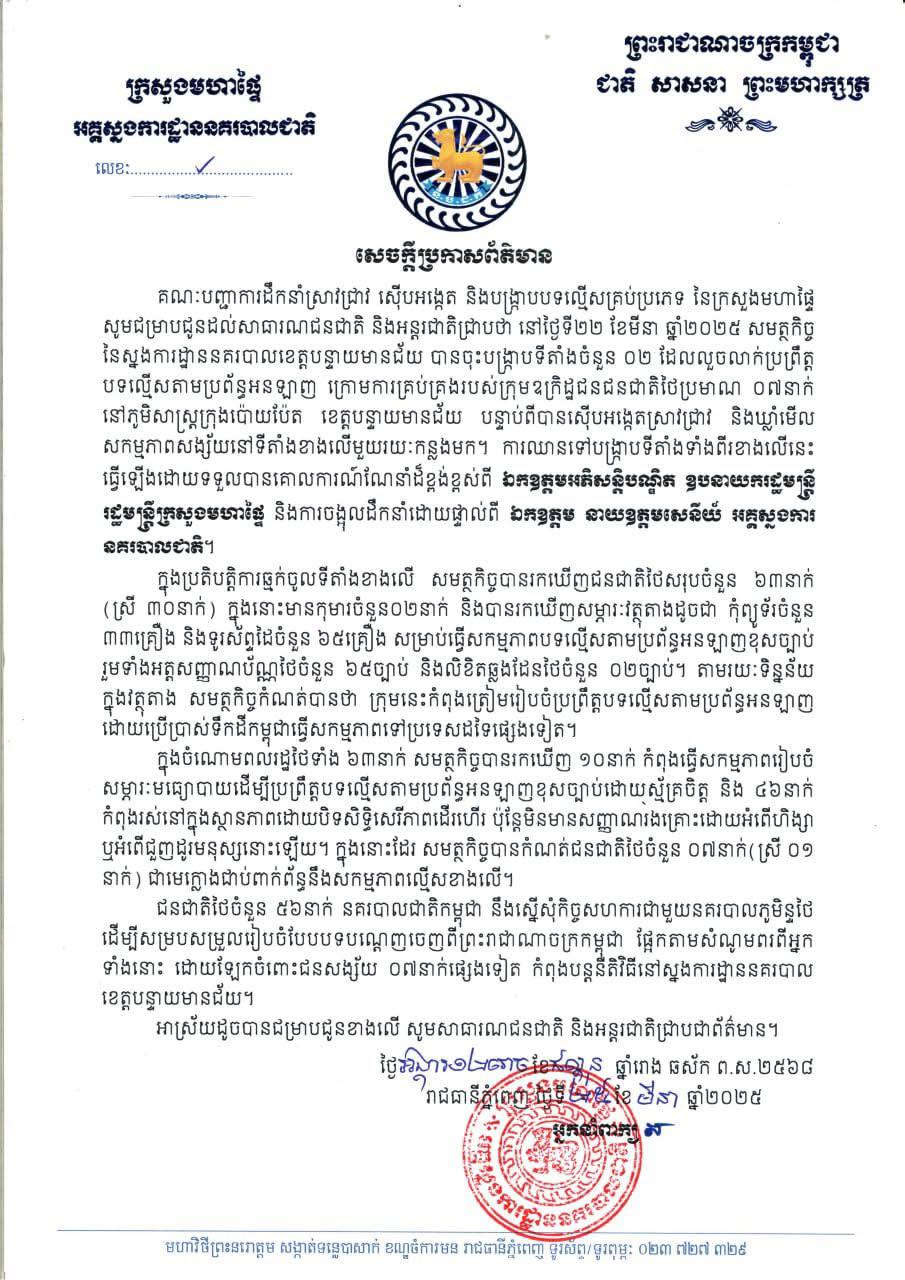 សមត្ថកិច្ច ចុះបង្ក្រាបទីតាំងល្បែងអនឡាញខុសច្បាប់ ក្រោមការគ្រប់គ្រងរបស់ឧក្រិដ្ឋជនជនជាតិថៃ នៅក្រុងប៉ោយប៉ែត ដោយឃាត់ជនជាតិថៃ ៦៣នាក់